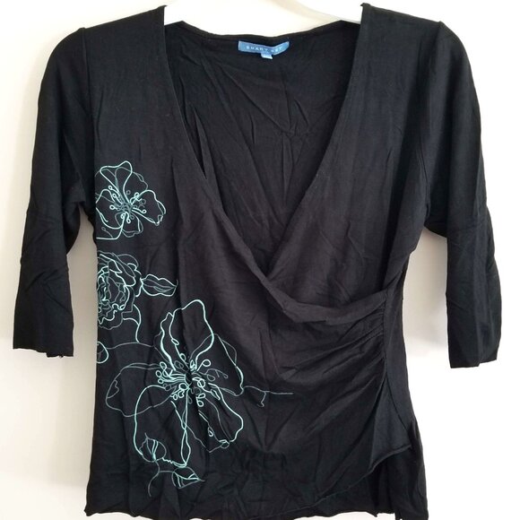 Smart Set Black Floral Wrap Blouse, V-Neck, 3/4 Sleeve - Picture 3 of 4